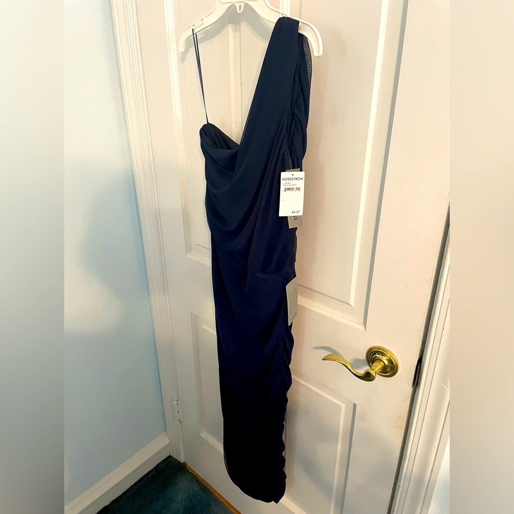 Navy one shoulder dress from Nordstrom.